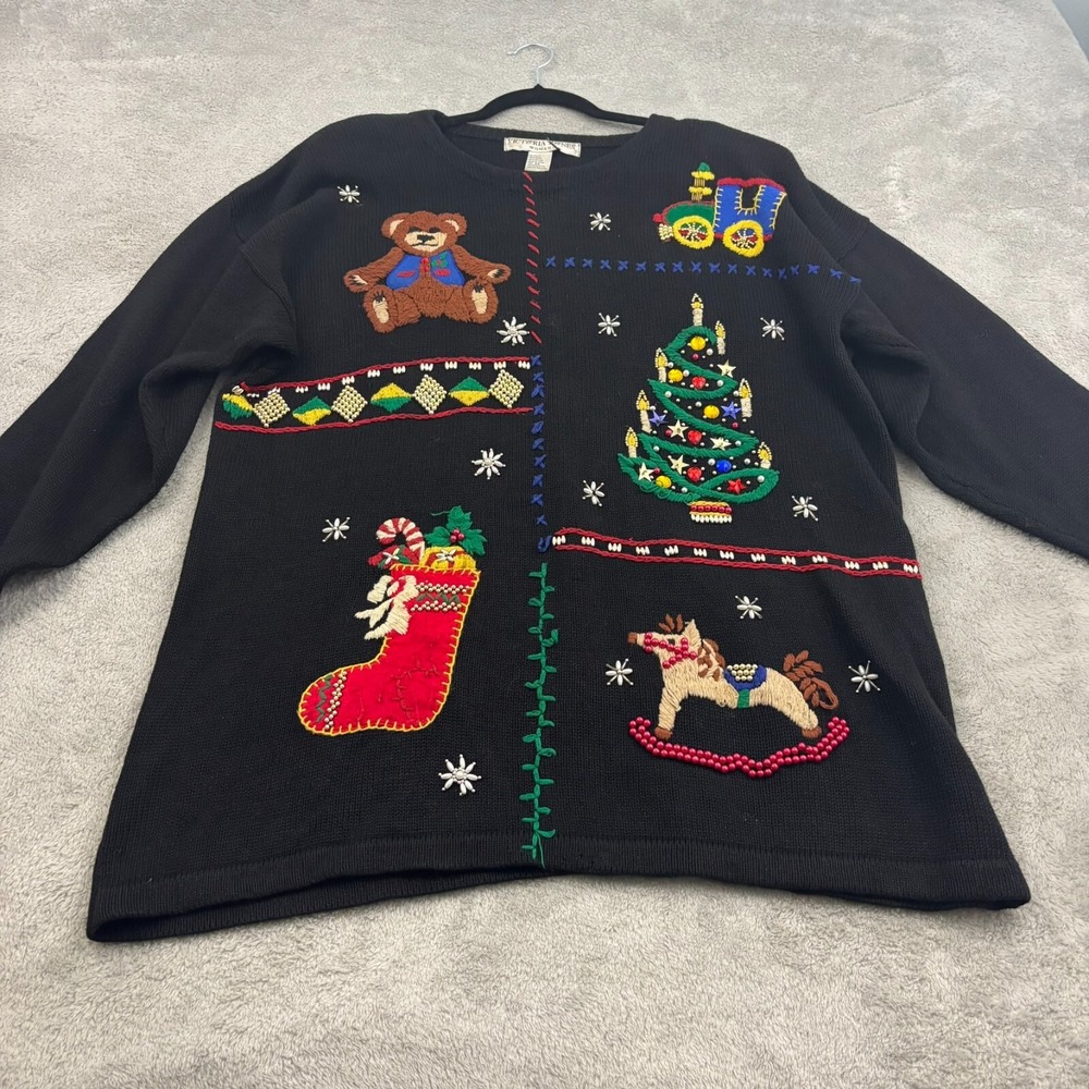 VTG Victoria Jones Christmas Sweater Womens 2X Black Ramie Cotton Beaded Festive